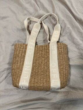 aerie Offline, Natural Woven Straw Tote with Cream Logo Straps